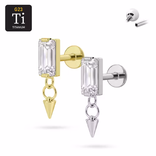 Titanium labret 1.2mm invändigt gängad med rektangulär cz och hänge med kon