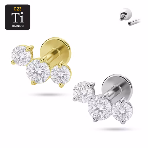Titanium labret 1.2mm invändigt gängad - topp med tre runda cz