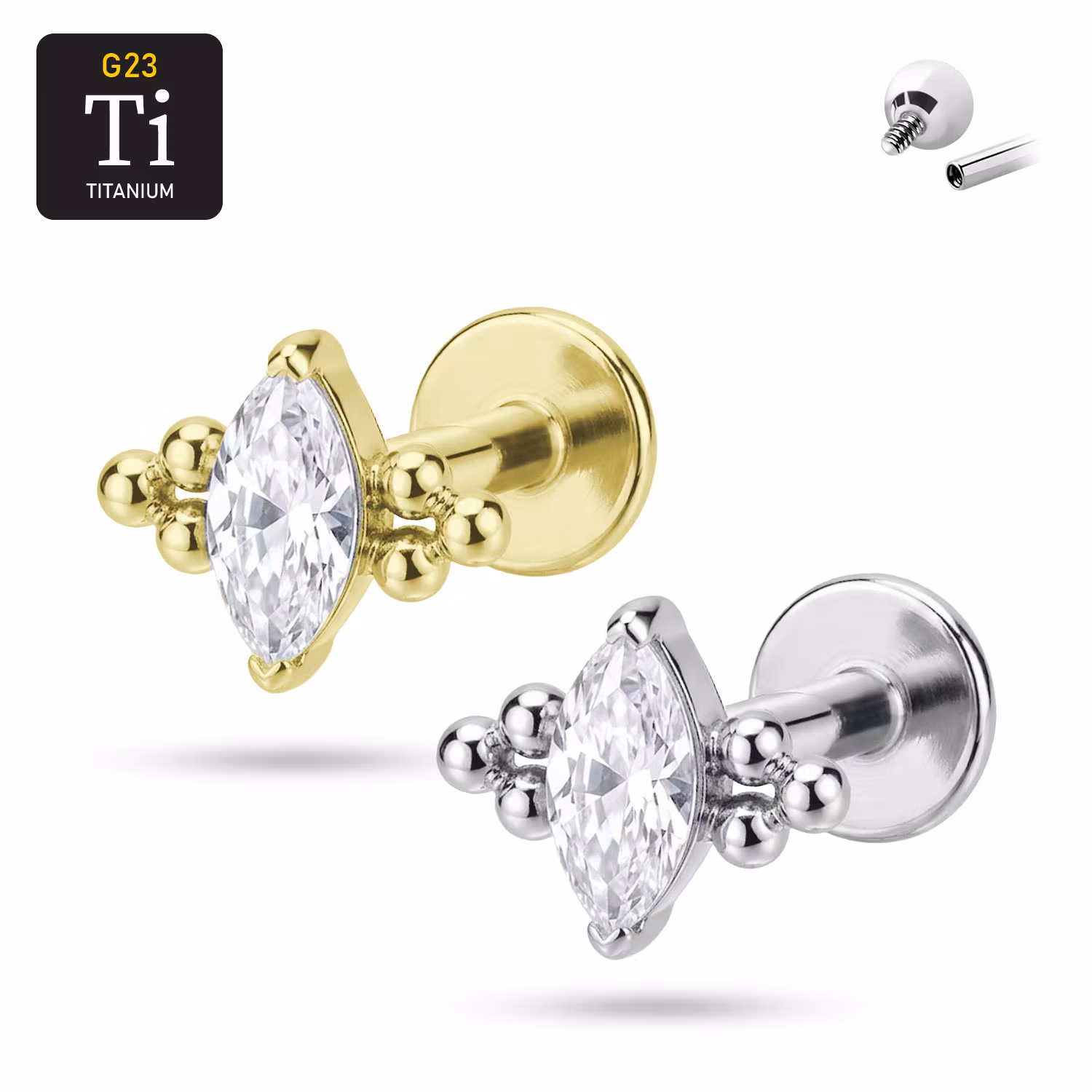 Titanium labret 1.2mm invändigt gängad - topp med navettslipad CZ och bollkluster
