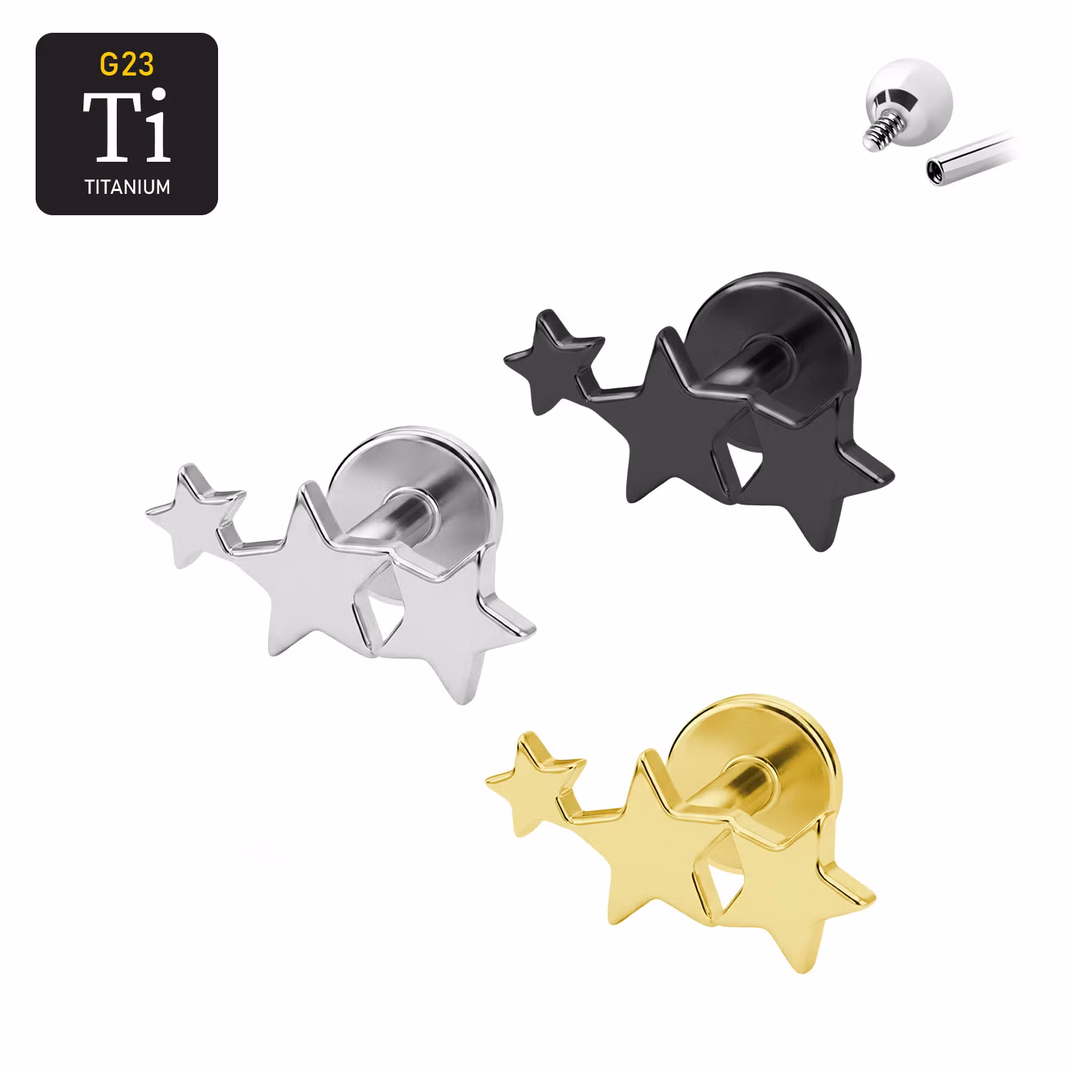 Titanium labret 1.2mm invändigt gängad med topp med tre stjärnor