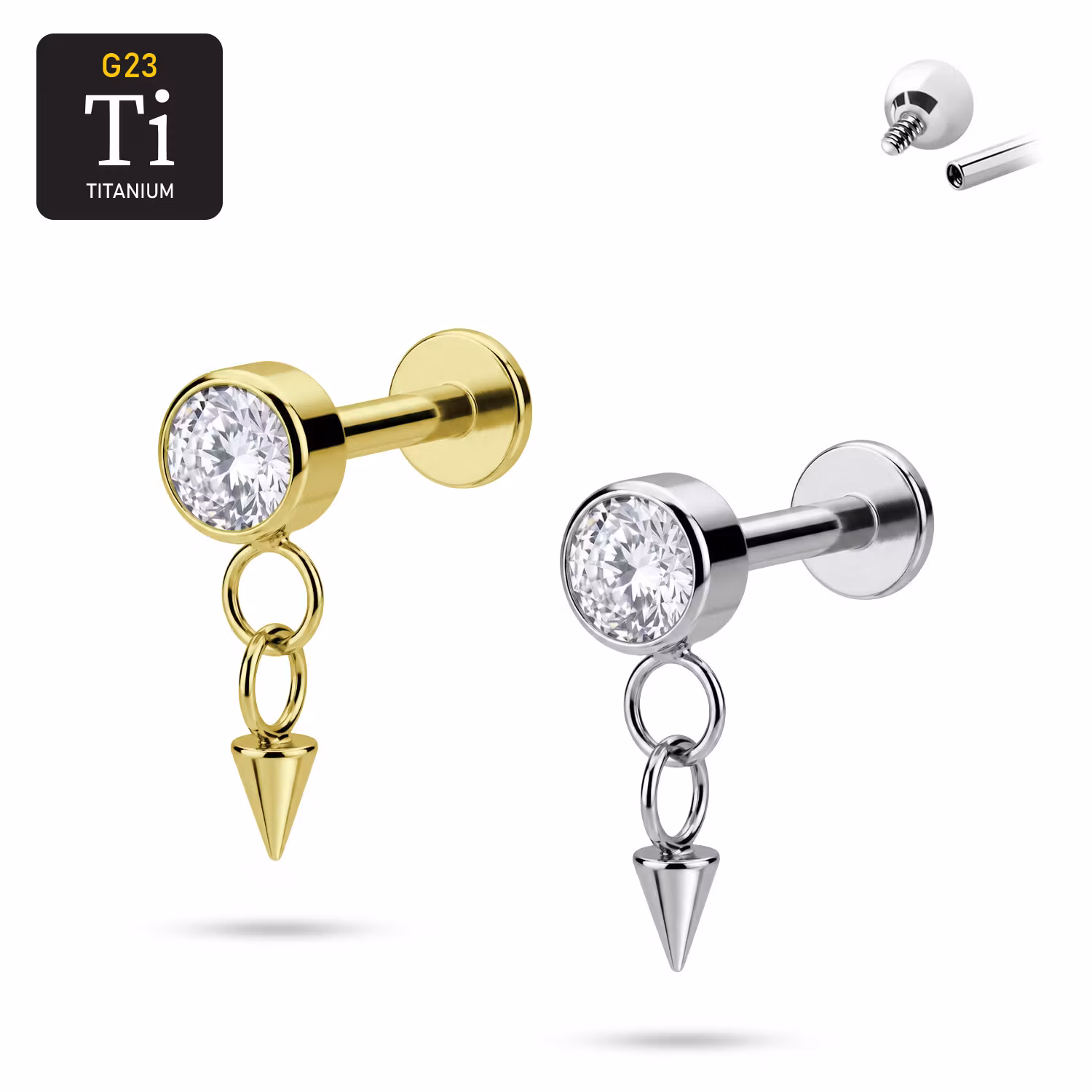 Titanium labret 1.2mm invändigt gängad med cz och hänge med kon