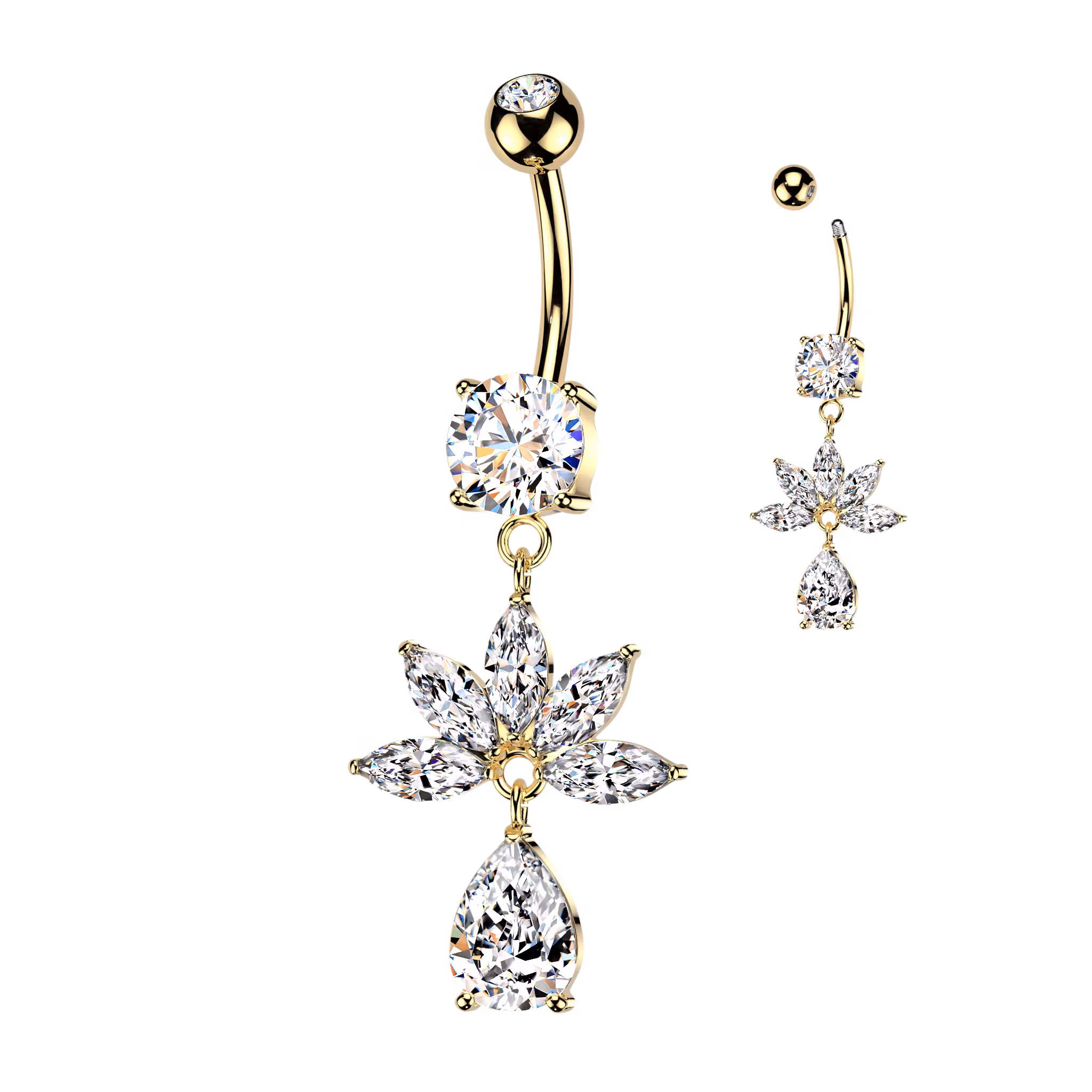 Navelsmycke med 4st navelslipade och droppformad cubic zirconia