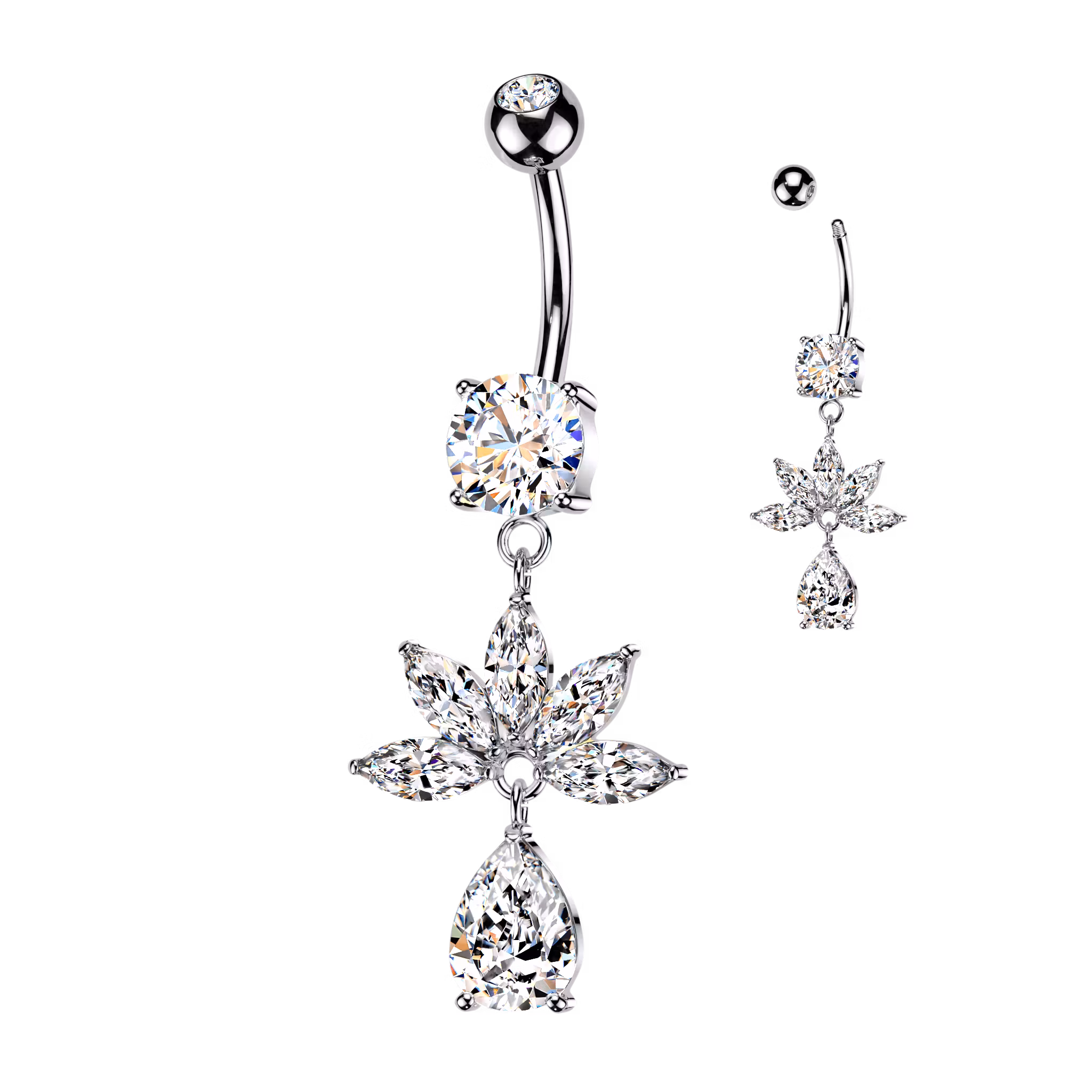 Navelsmycke med 4st navelslipade och droppformad cubic zirconia