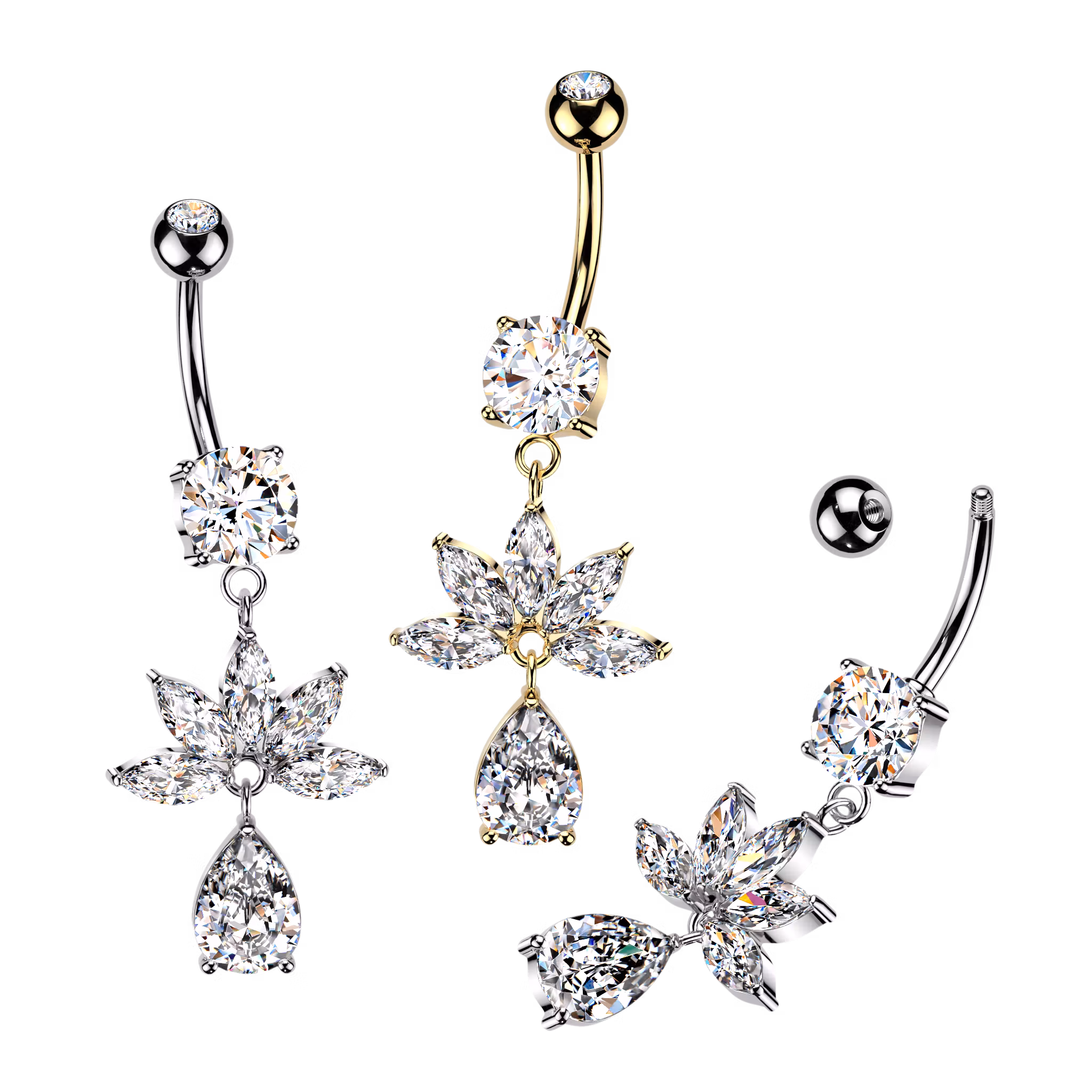 Navelsmycke med 4st navelslipade och droppformad cubic zirconia