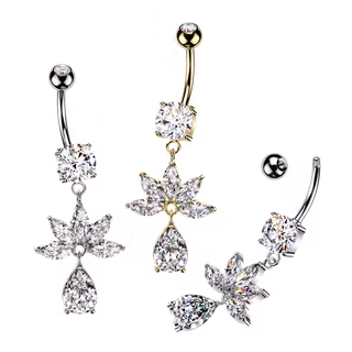 Navelsmycke med 4st navelslipade och droppformad cubic zirconia