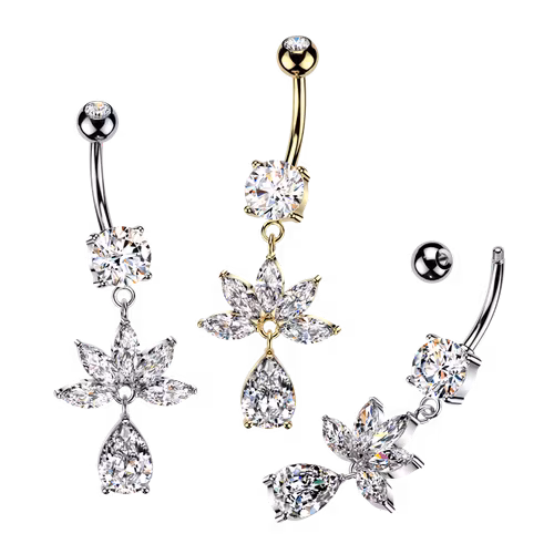 Navelsmycke med 4st navelslipade och droppformad cubic zirconia