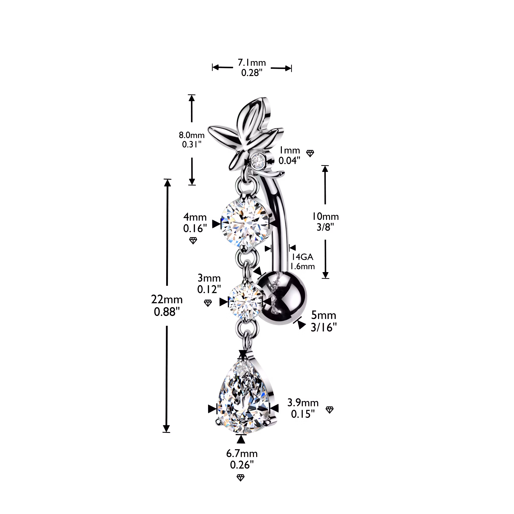 Navelsmycke "reverse drop" med cubic zirconia