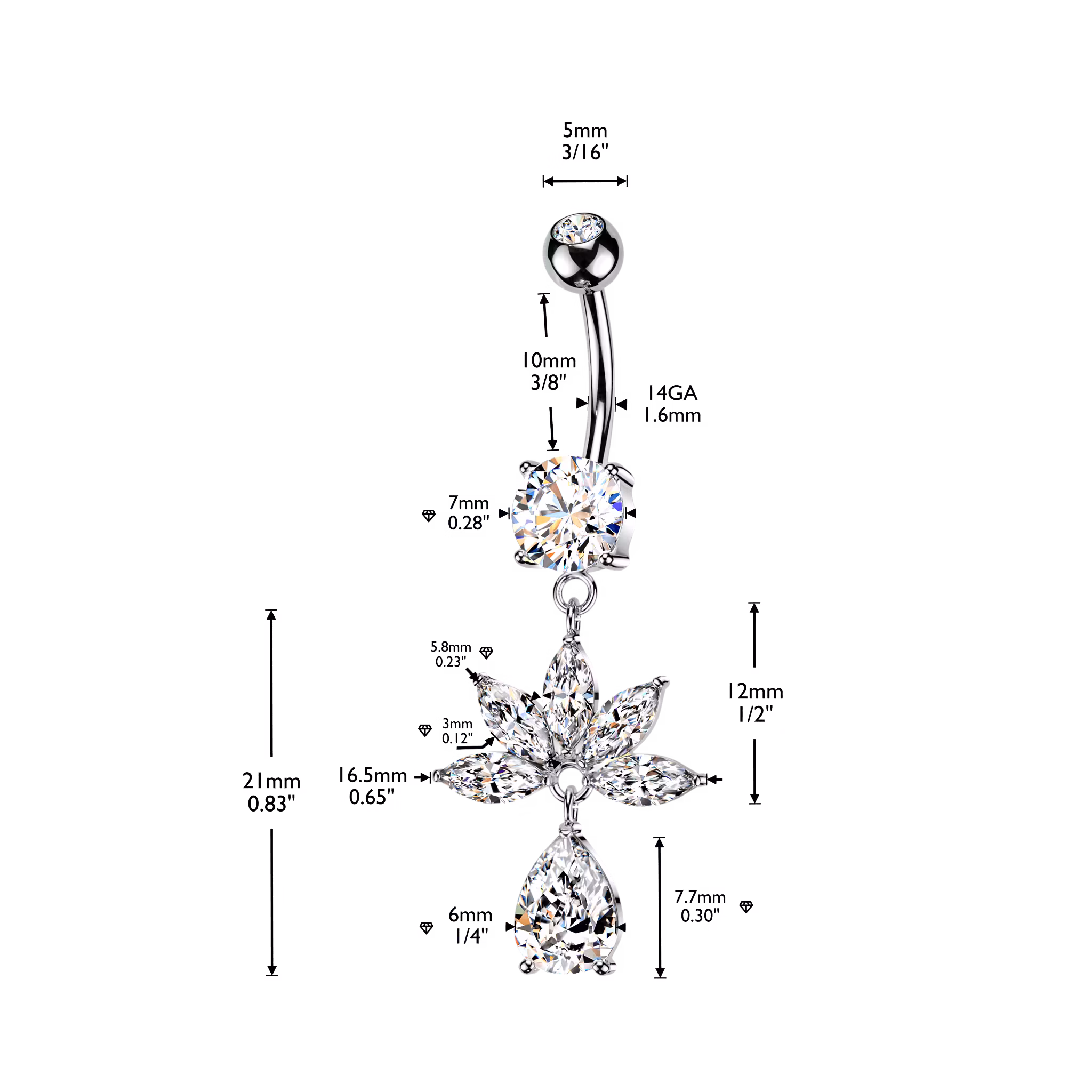 Navelsmycke med 4st navelslipade och droppformad cubic zirconia