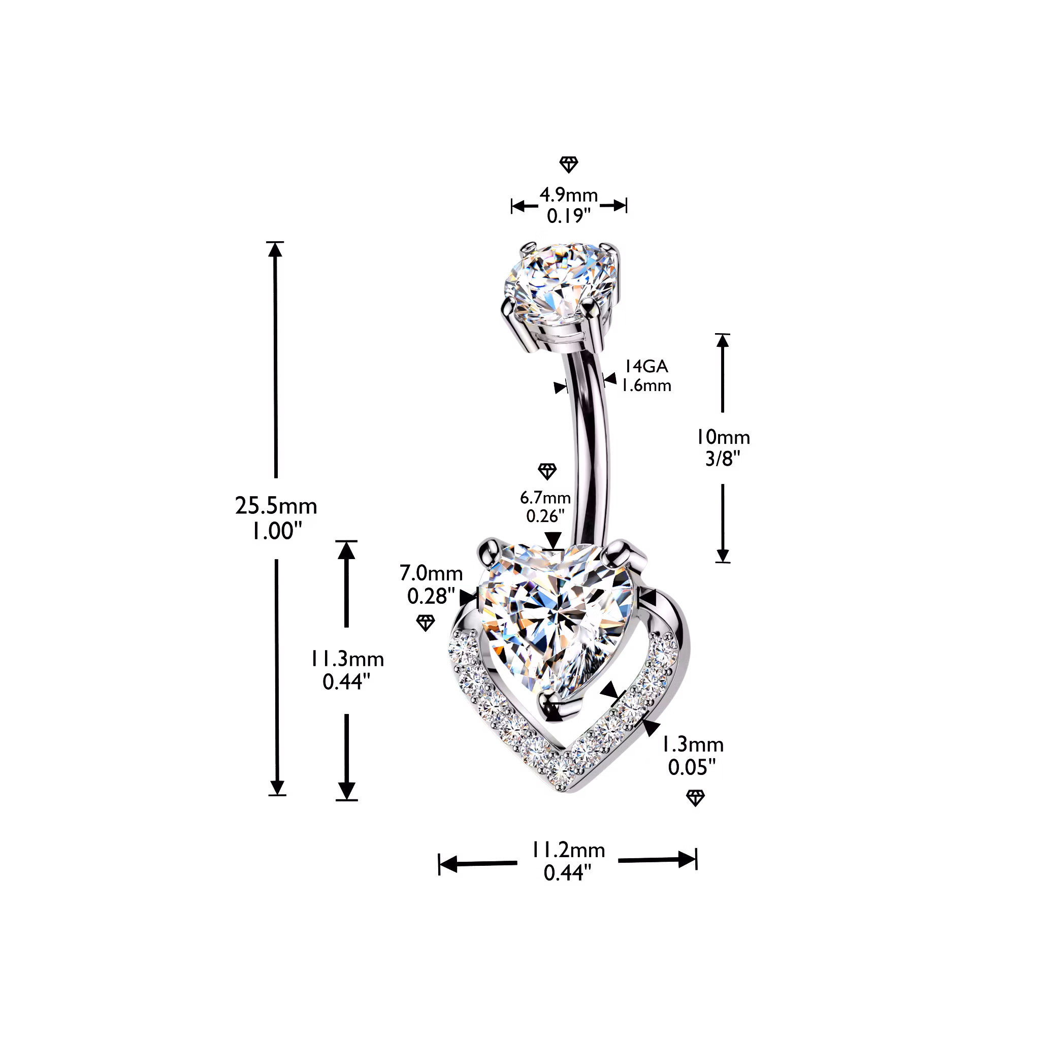 Navelsmycke med hjärtformad CZ och crystals