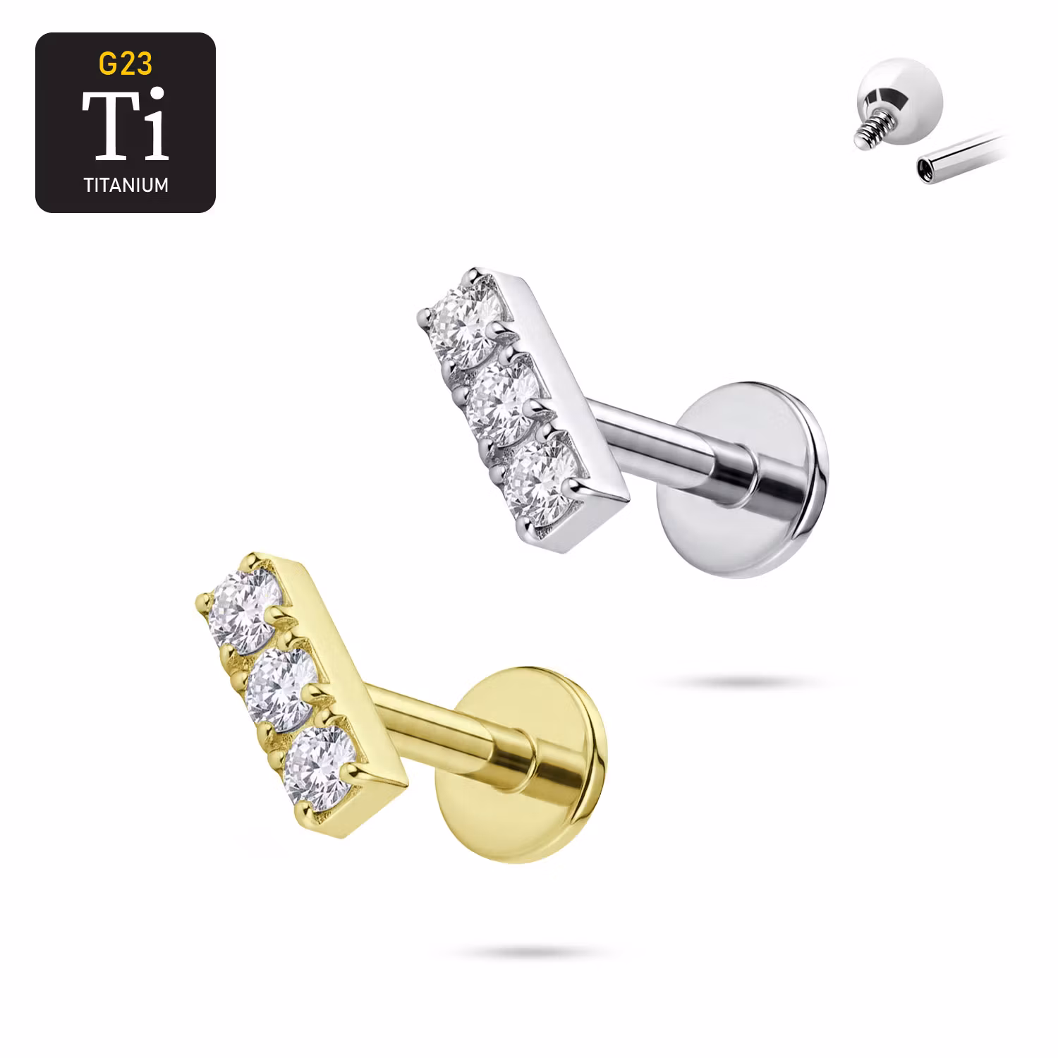 Titanium labret 1.2mm invändigt gängad - topp med tre CZ på rad