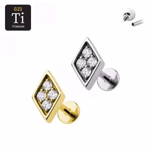Titanium labret 1.2mm invändigt gängad - romb med fyra CZ