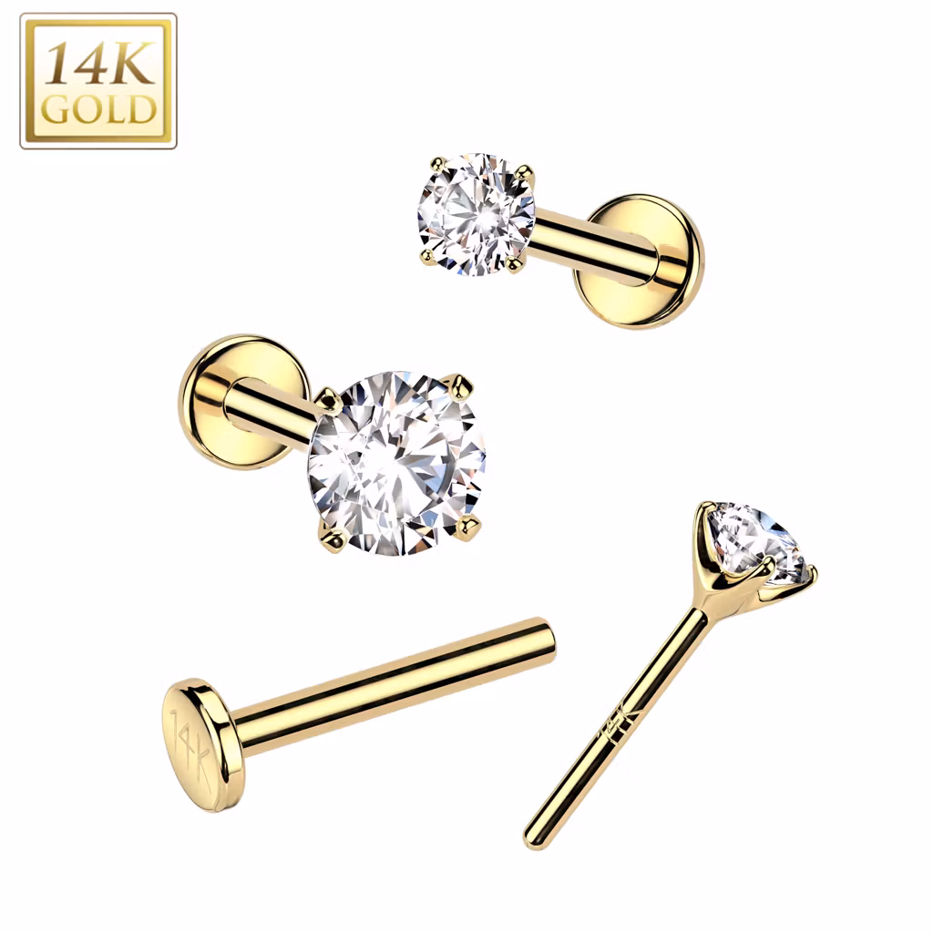 14 karat threadless labret 0.8mm med 2.5mm bas och prong-set CZ