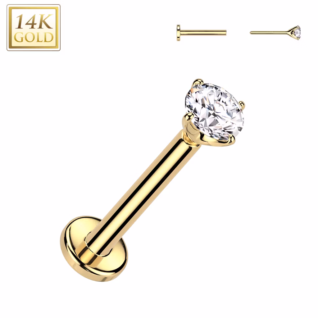 14 karat threadless labret 0.8mm med 2.5mm bas och prong-set CZ