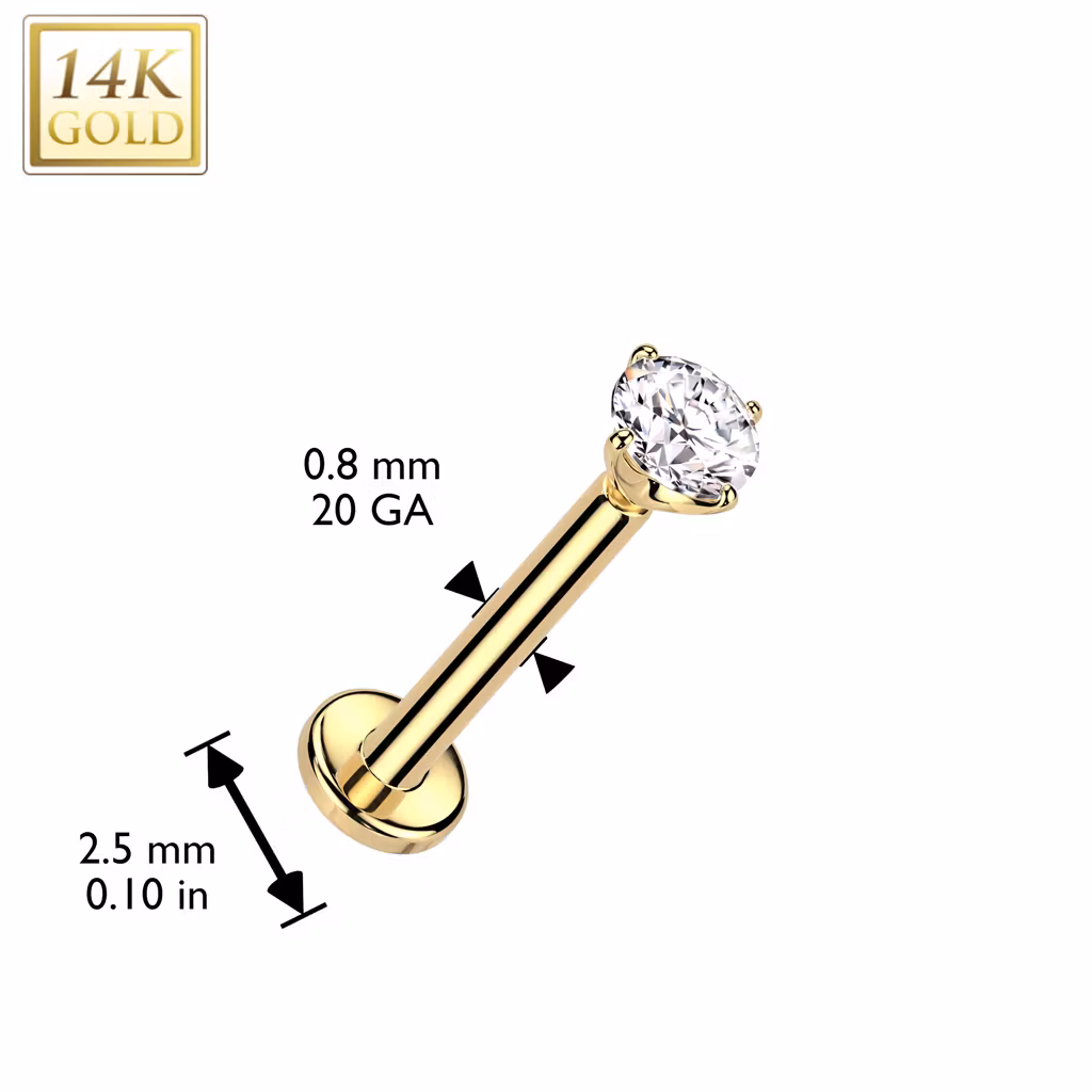 14 karat threadless labret 0.8mm med 2.5mm bas och prong-set CZ
