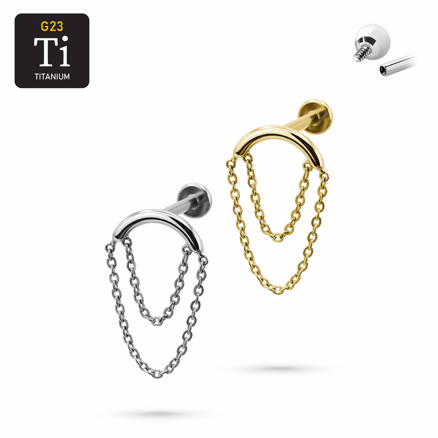 1.2mm Labret i titan med böjd båge & dubbla kedjor – Invändigt gängad