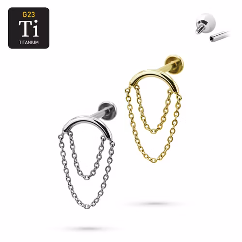 1.2mm Labret i titan med böjd båge & dubbla kedjor – Invändigt gängad