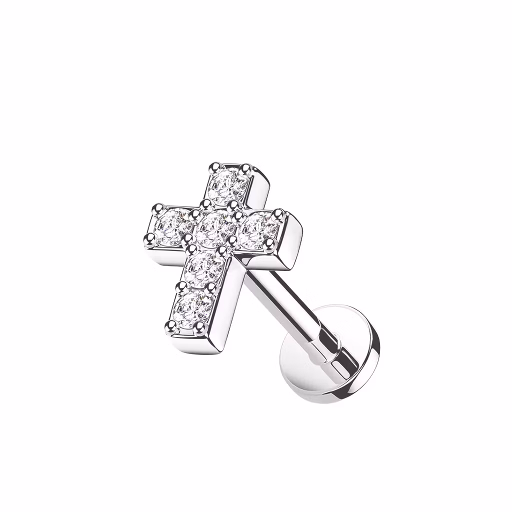 1.2mm Labret i titan med gnistrande kors i CZ - invändigt gängad