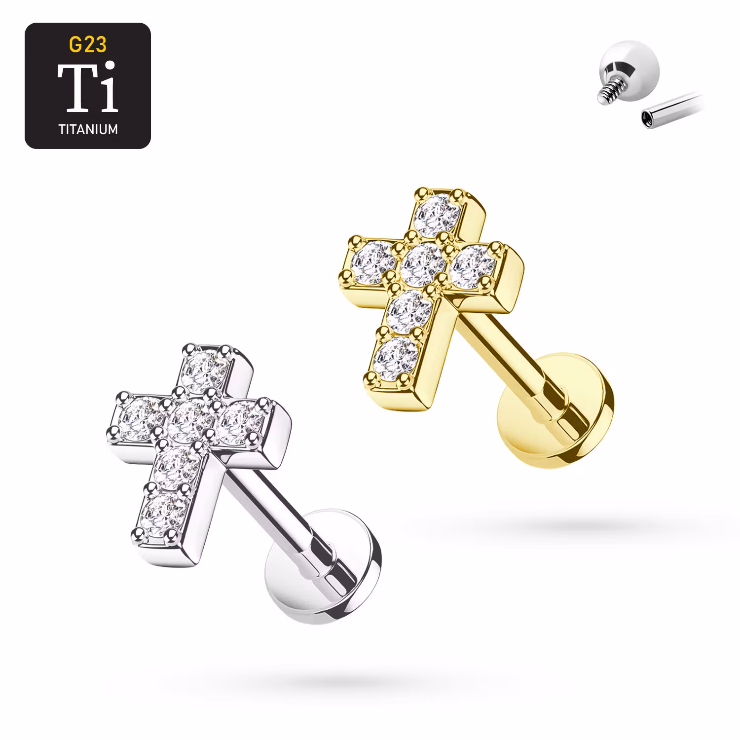 1.2mm Labret i titan med gnistrande kors i CZ - invändigt gängad