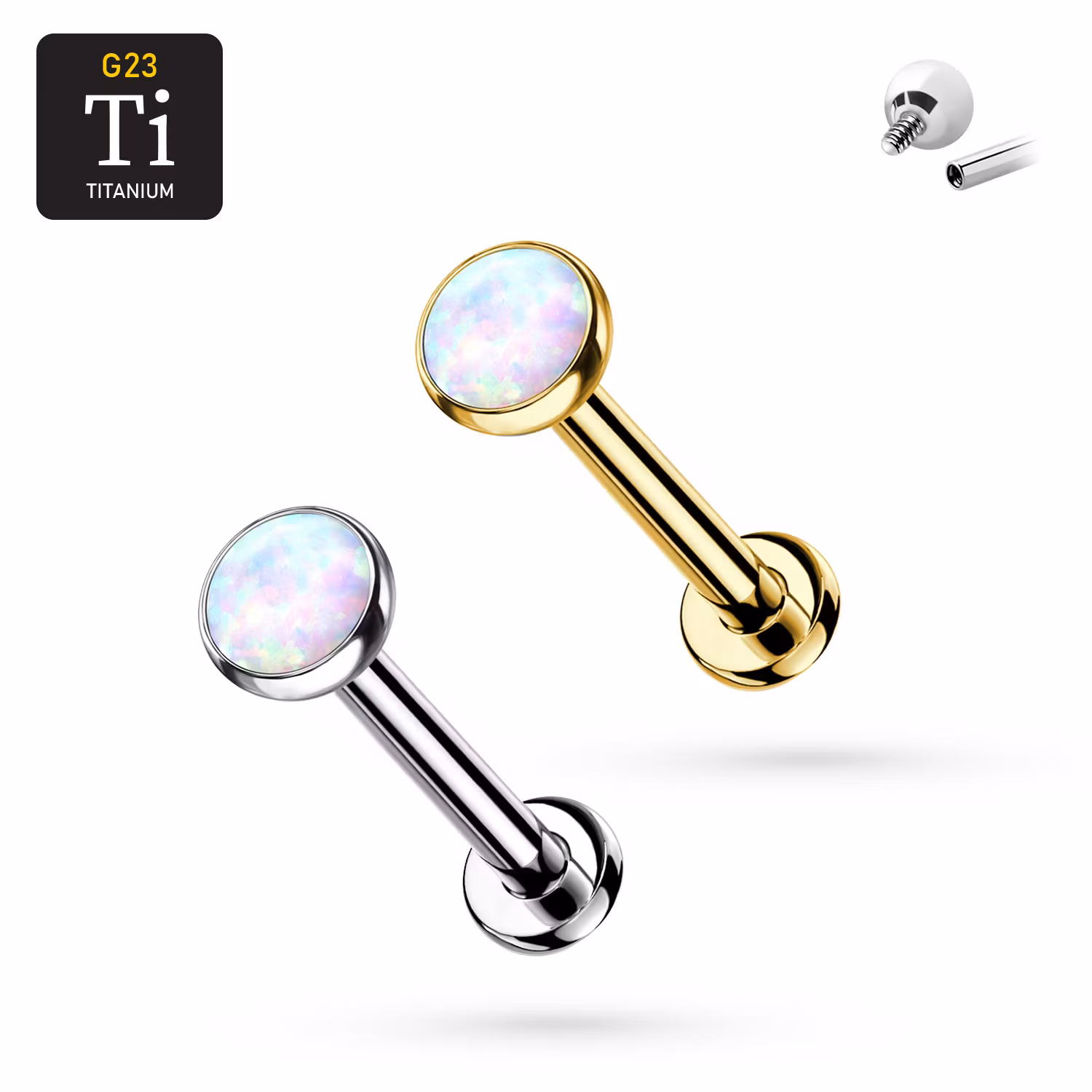1.2mm Labret i titan med opalit (3 eller 4mm) - invändigt gängad