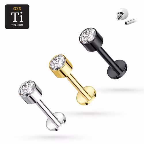 1.2mm Labret i titan med platt rund 4mm CZ - invändigt gängad