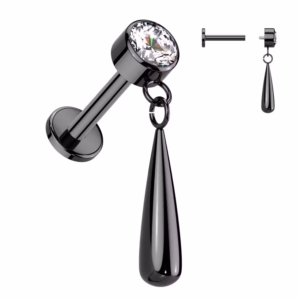 Labret i titanium 1.2mm - Rund CZ och droppformat hänge