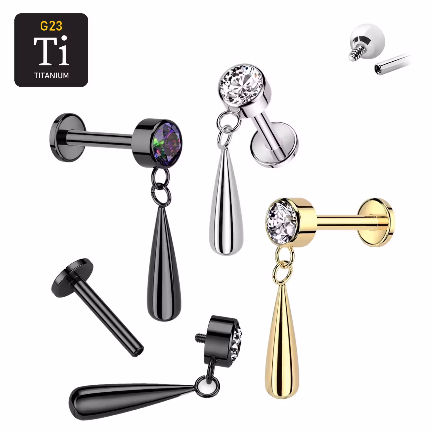 Labret i titanium 1.2mm - Rund CZ och droppformat hänge