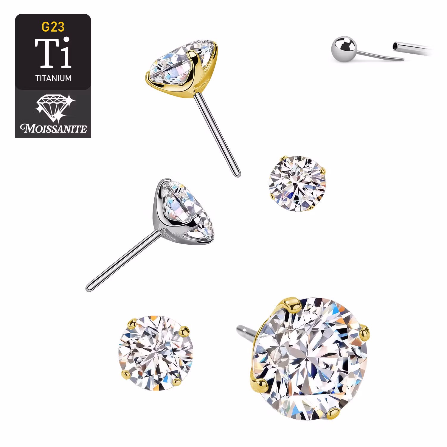 Threadless topp i titanium - Prong-set Moissanite