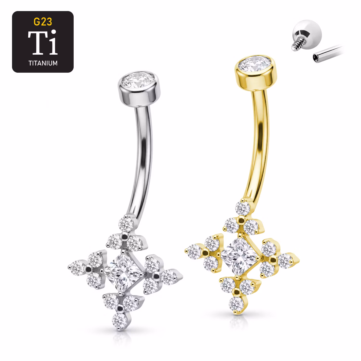 Navelsmycke titanium - Snöflinga med klar cubic zirconia
