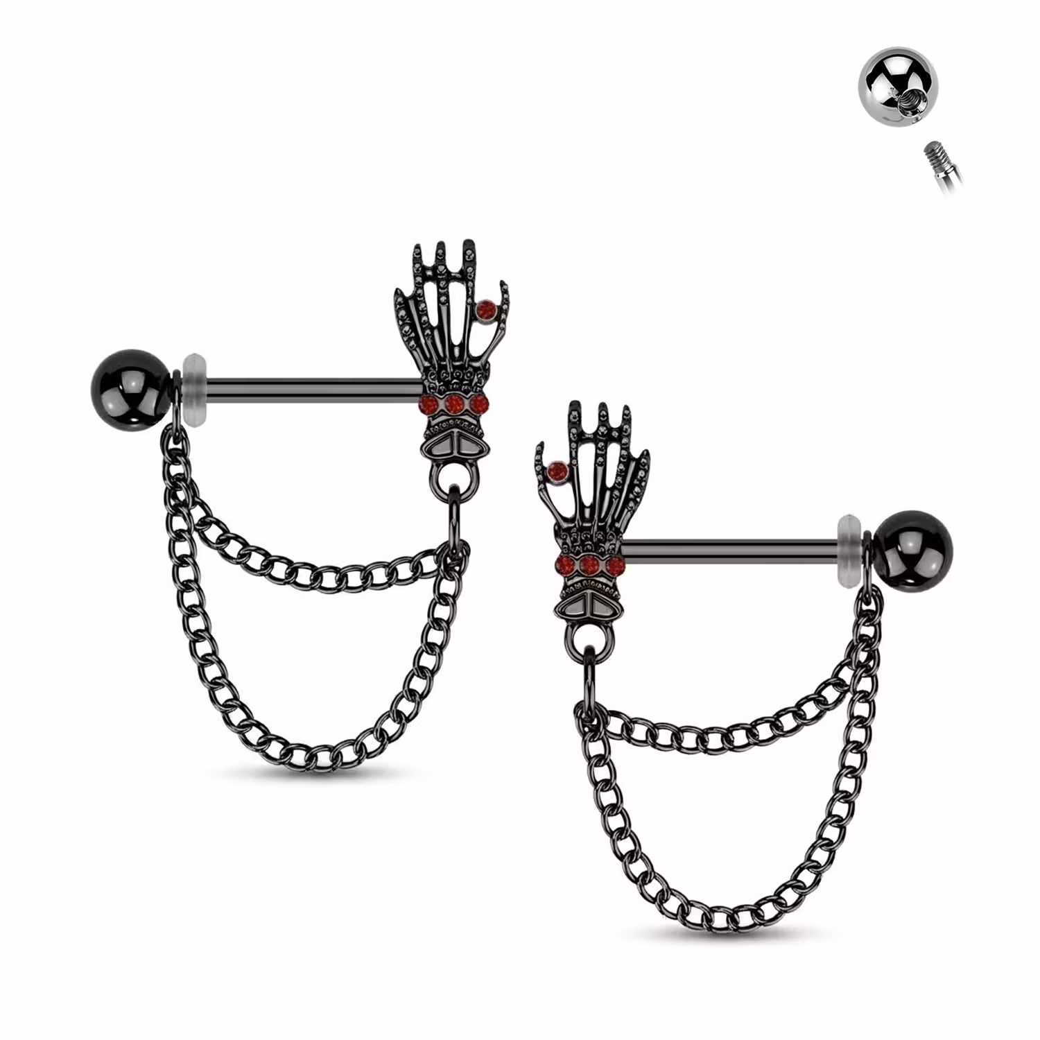 Bröstsmycke med Skeletthand & Dubbelkedja (säljes i par)