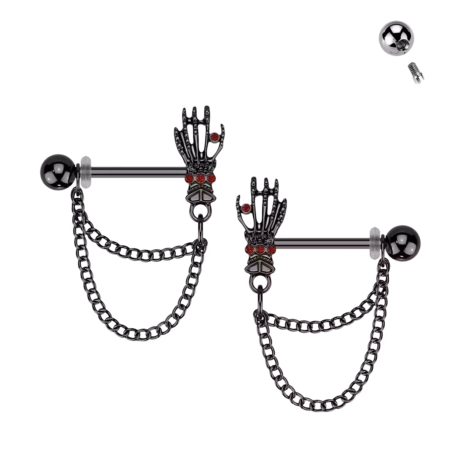 Bröstsmycke med Skeletthand & Dubbelkedja (säljes i par)