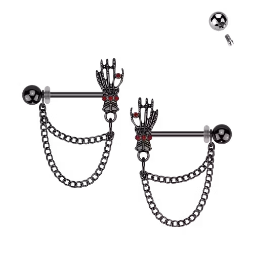 Bröstsmycke med Skeletthand & Dubbelkedja (säljes i par)