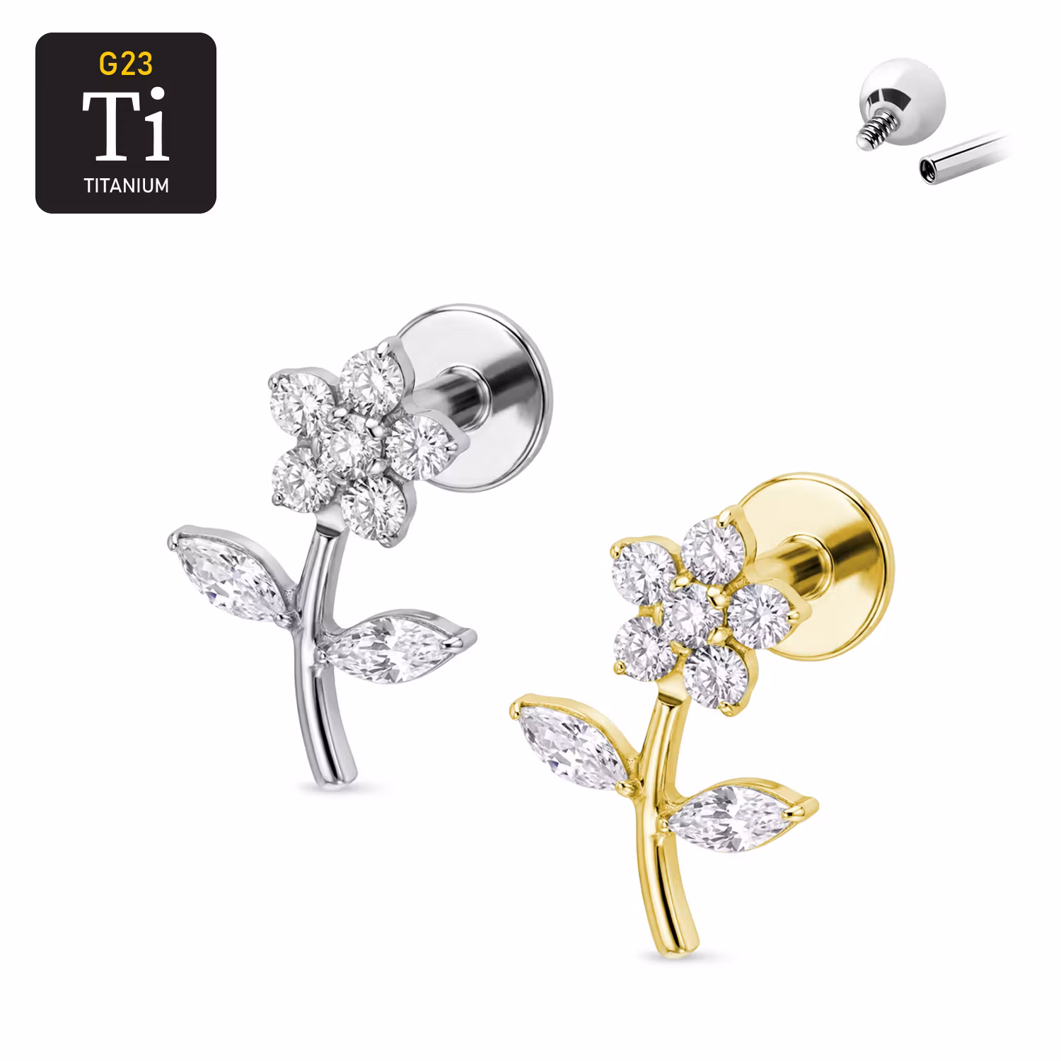 1.2mm Labret i titan med blomma av CZ - invändigt gängad