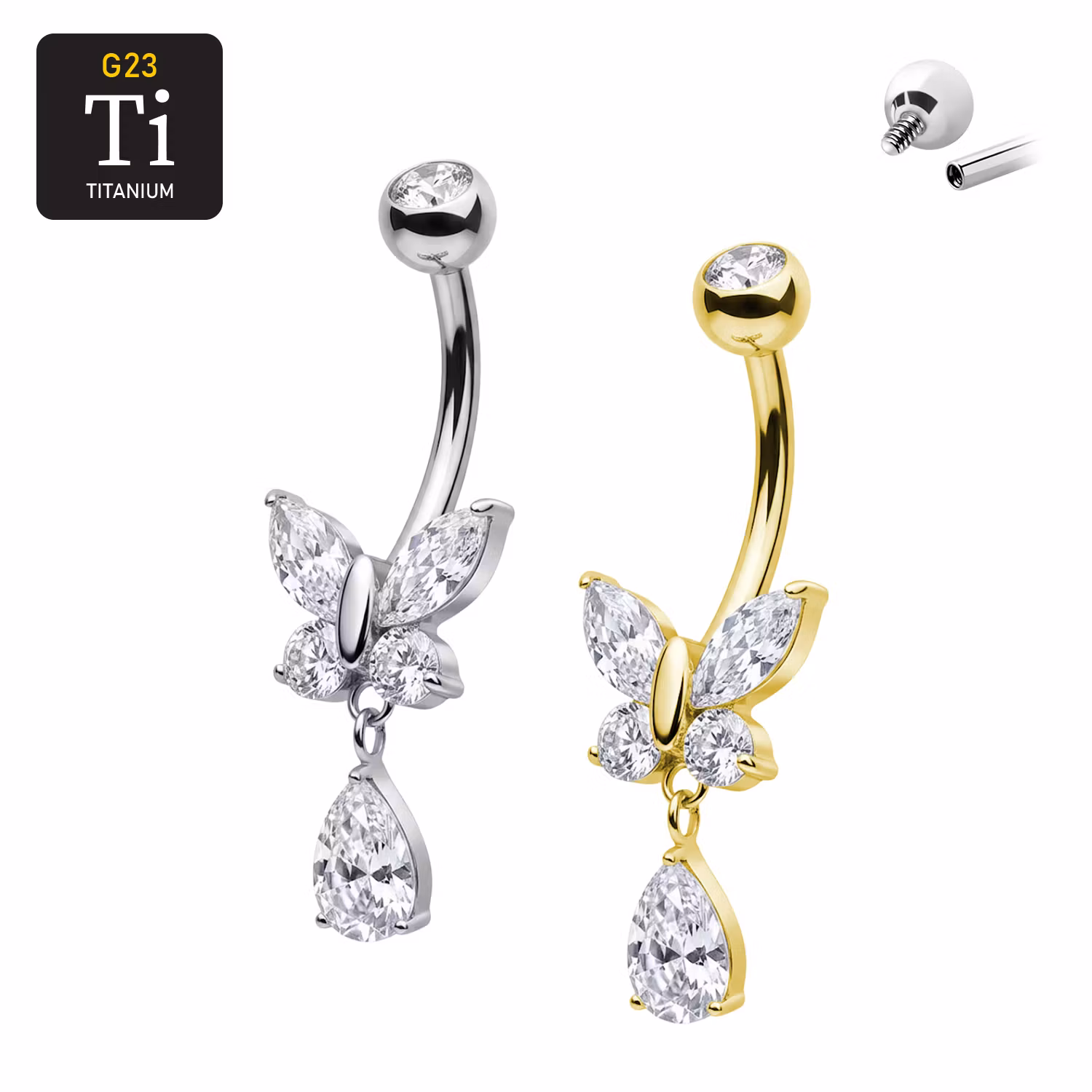 Navelpiercing fjäril med dropphänge i titan & gnistrande CZ