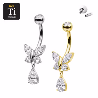 Navelpiercing fjäril med dropphänge i titan & gnistrande CZ