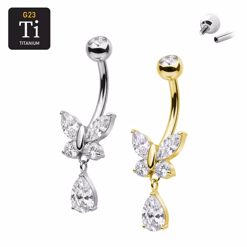 Navelpiercing fjäril med dropphänge i titan & gnistrande CZ