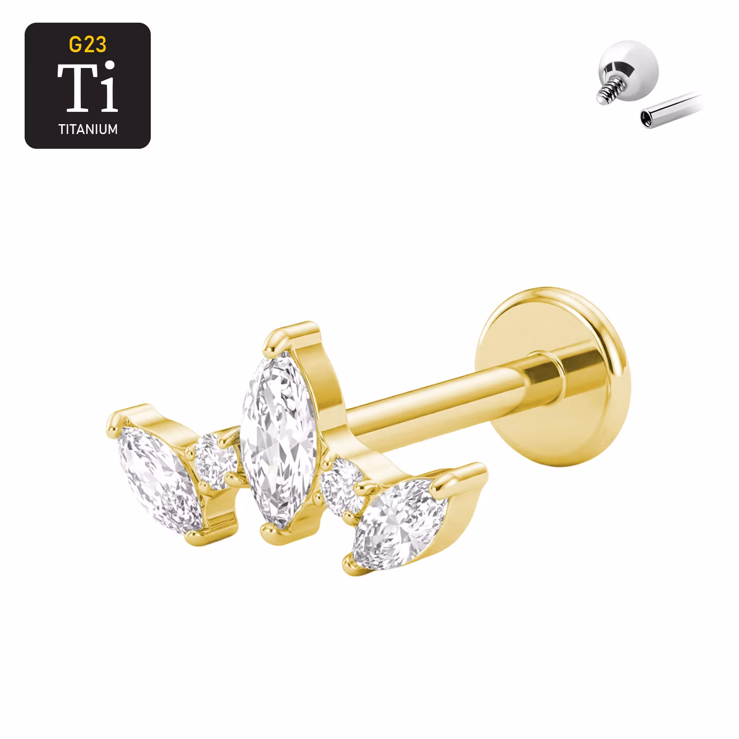 1.2mm Labret i titan med trinity marquise & runda CZ - invändigt gängad