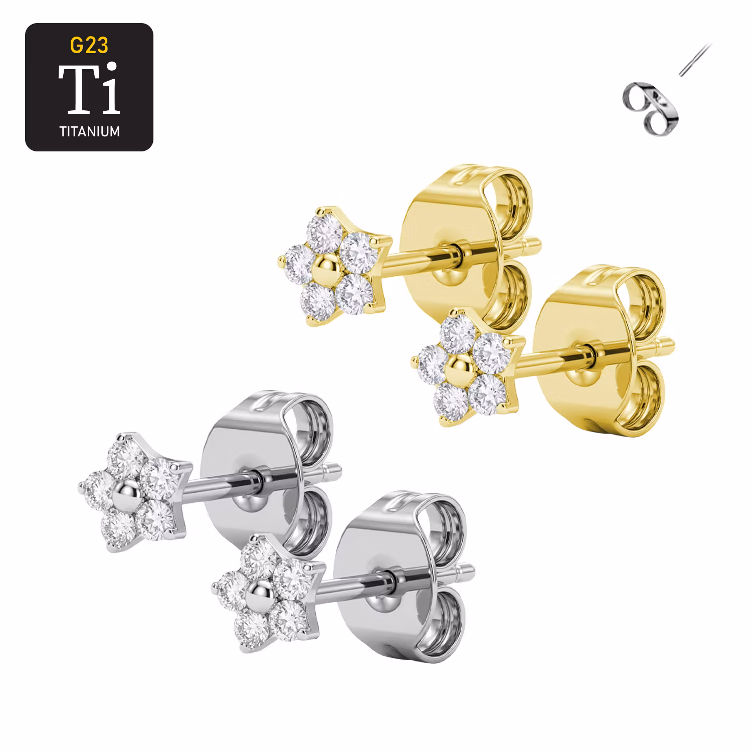 Titanium örhängen - Liten blomma med klar CZ (par)