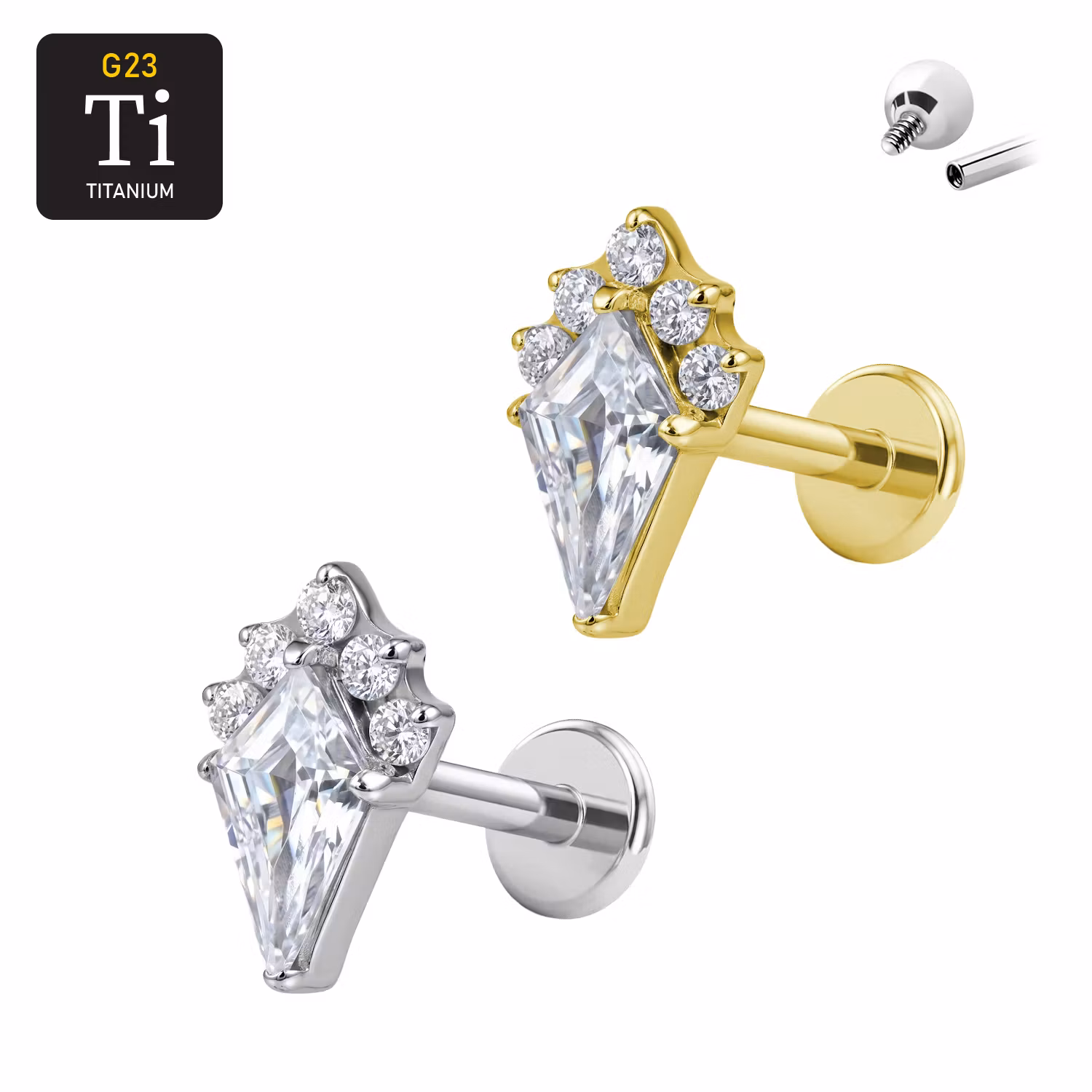 1.2mm Labret i titan med Kite cut-CZ & runda cz - invändigt gängad