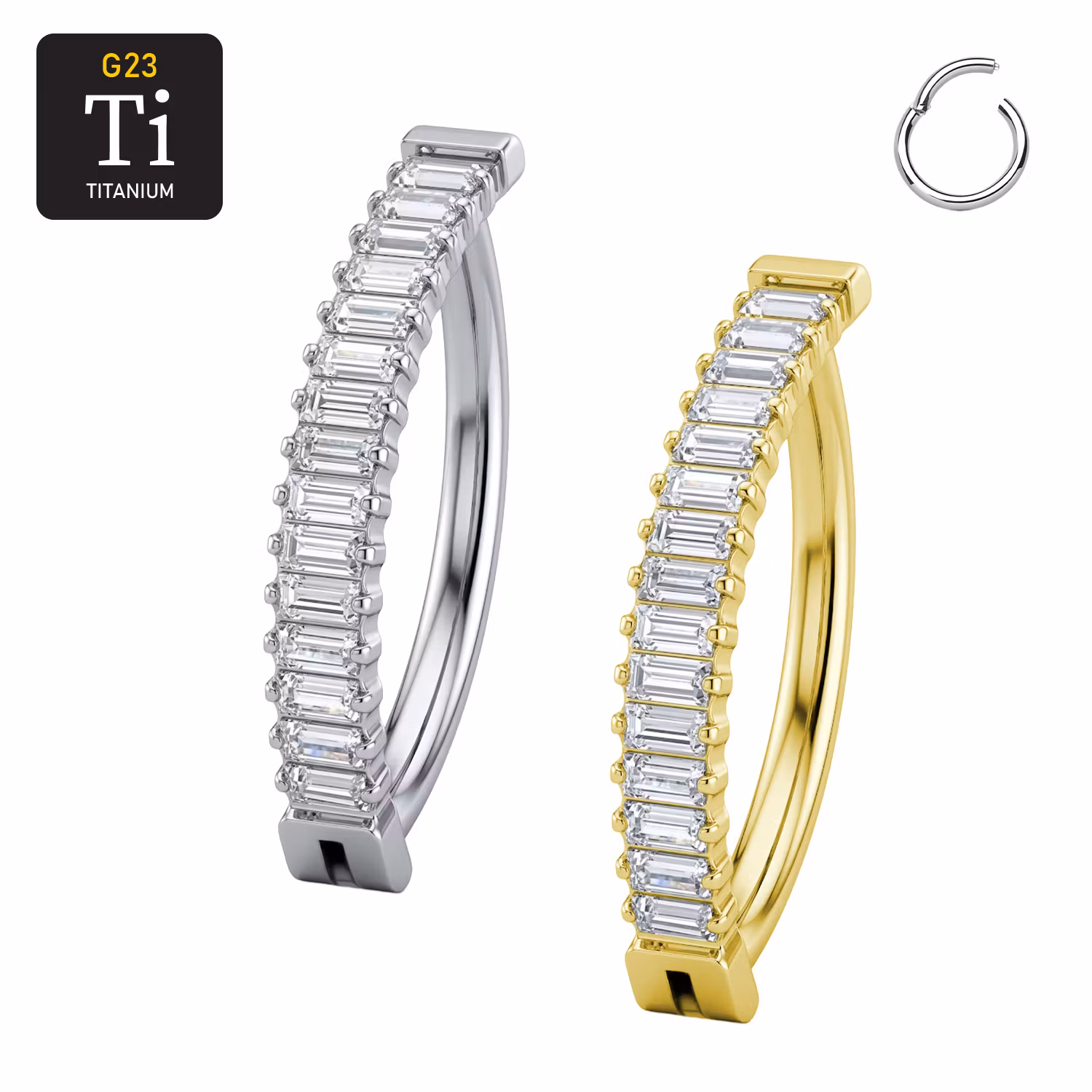 Titanium navelsmycke med rad av baguetteslipade cubic zirconia - unik design