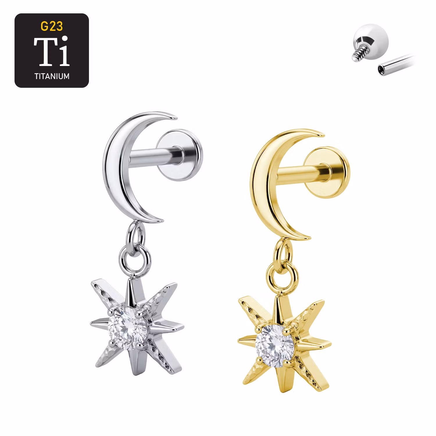1.2mm Labret i titan med måne och stjärnhänge med CZ- invändigt gängad