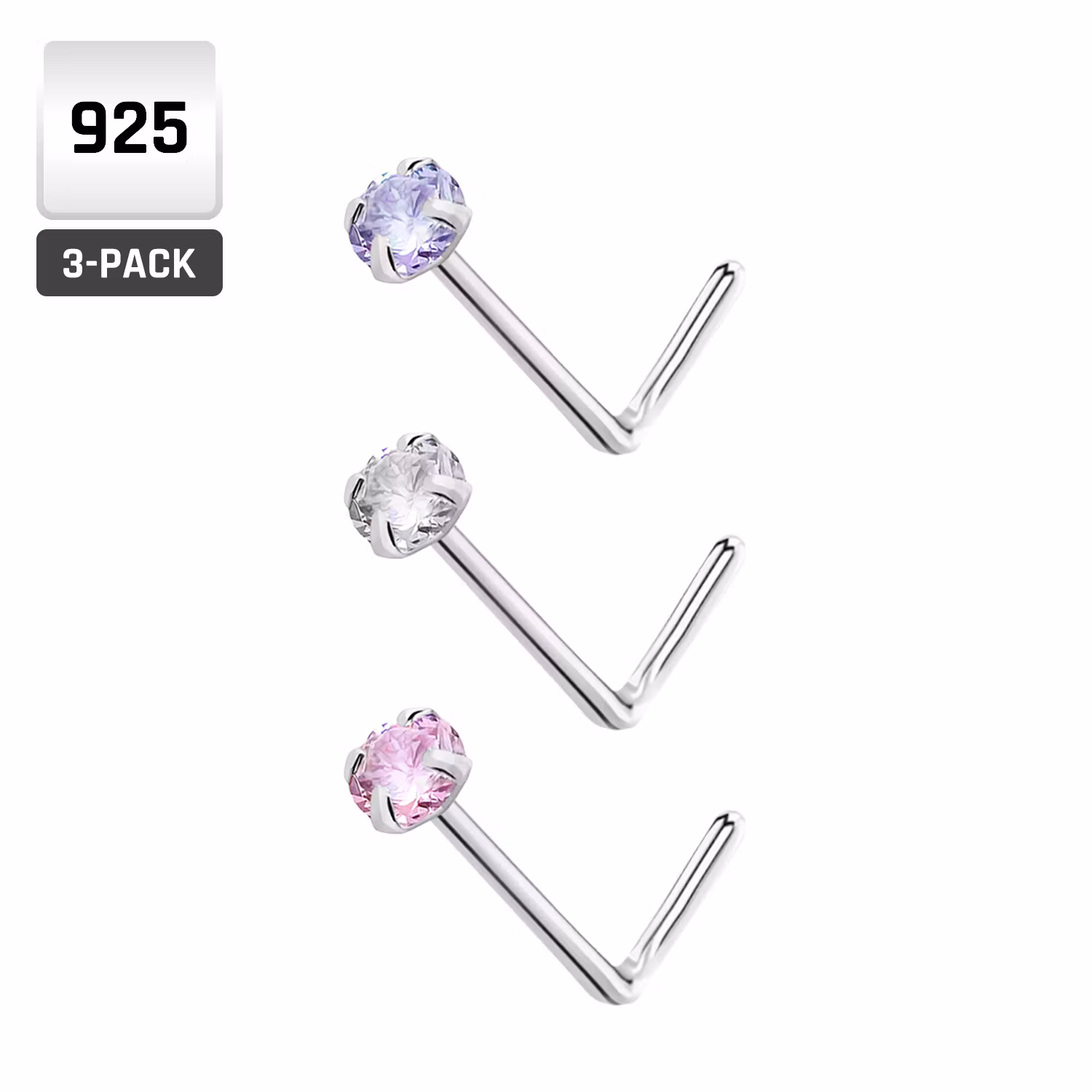 L-Böjd nässmycken i 925-silver 0.6mm med 1.25mm cubic zirconia 3-pack