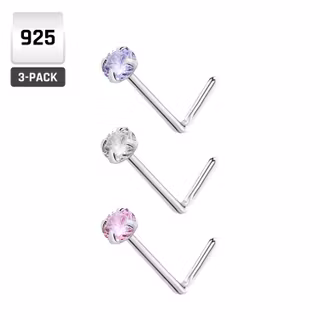L-Böjd nässmycken i 925-silver 0.6mm med 1.25mm cubic zirconia 3-pack
