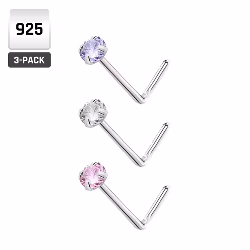 L-Böjd nässmycken i 925-silver 0.6mm med 1.25mm cubic zirconia 3-pack