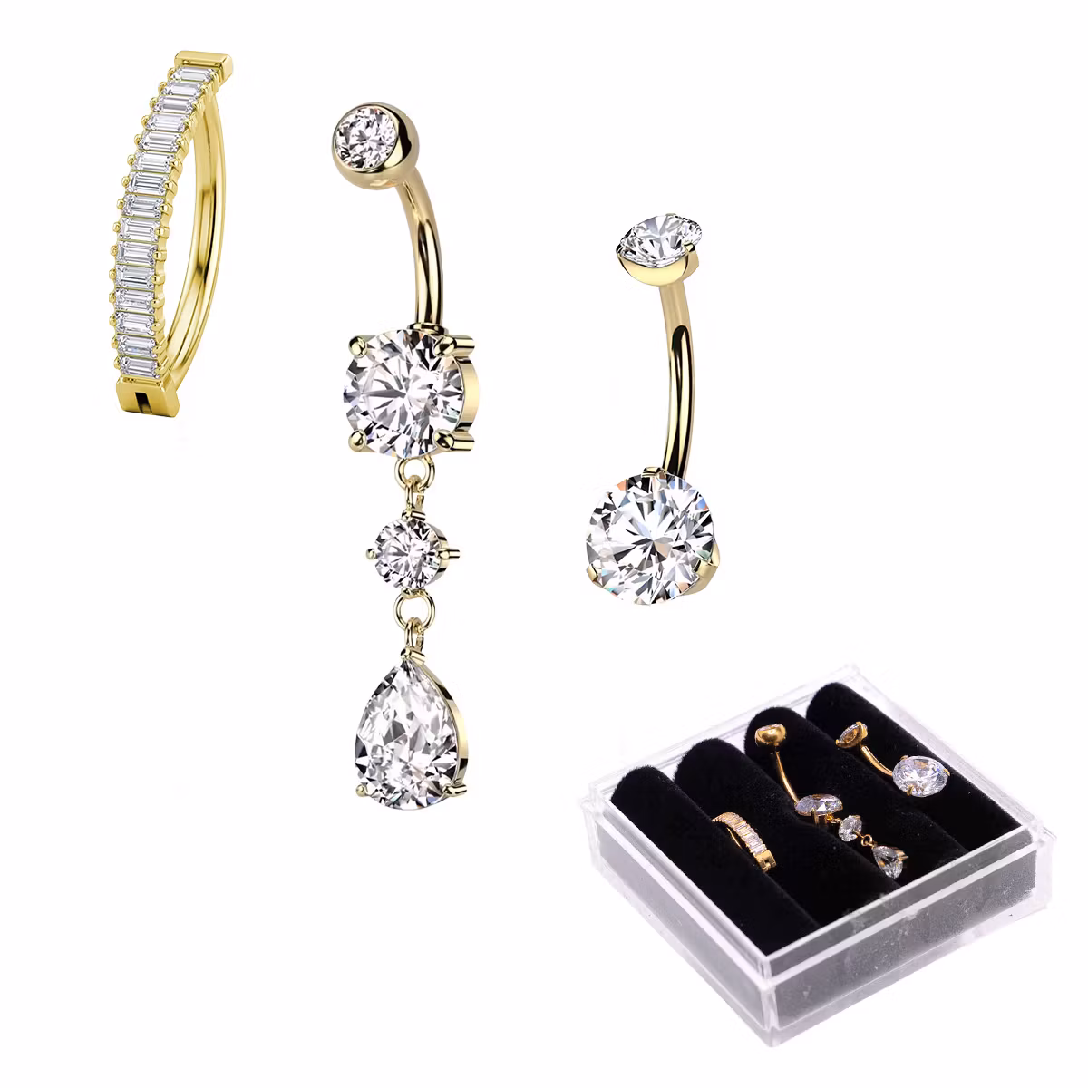 Navelpiercing 3-pack i titan – Luxury Gold Collection (10mm) + Förvaringsask