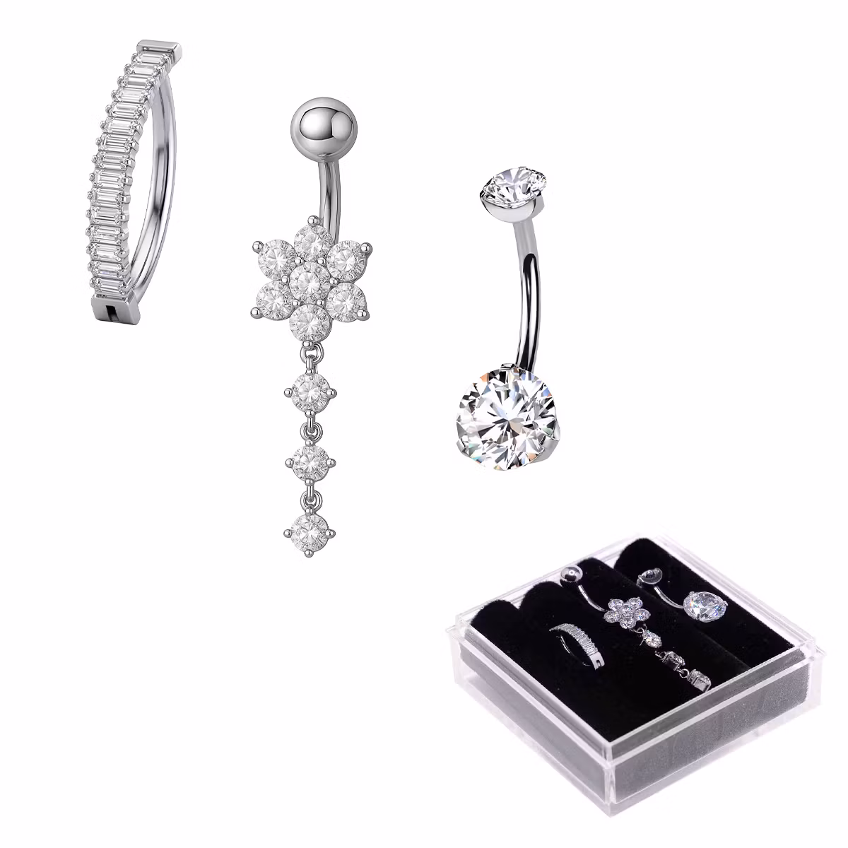 Navelpiercing 3-pack i titan – Floral Diamond Collection (10mm) + Förvaringsask
