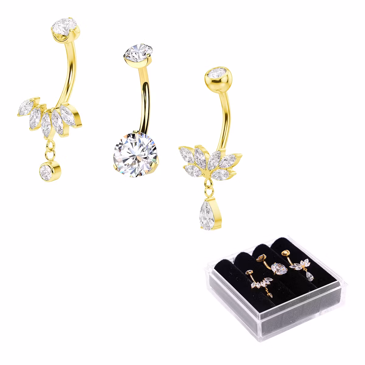 Navelpiercing 3-pack i titan – Glam Collection (8mm) + Förvaringsask