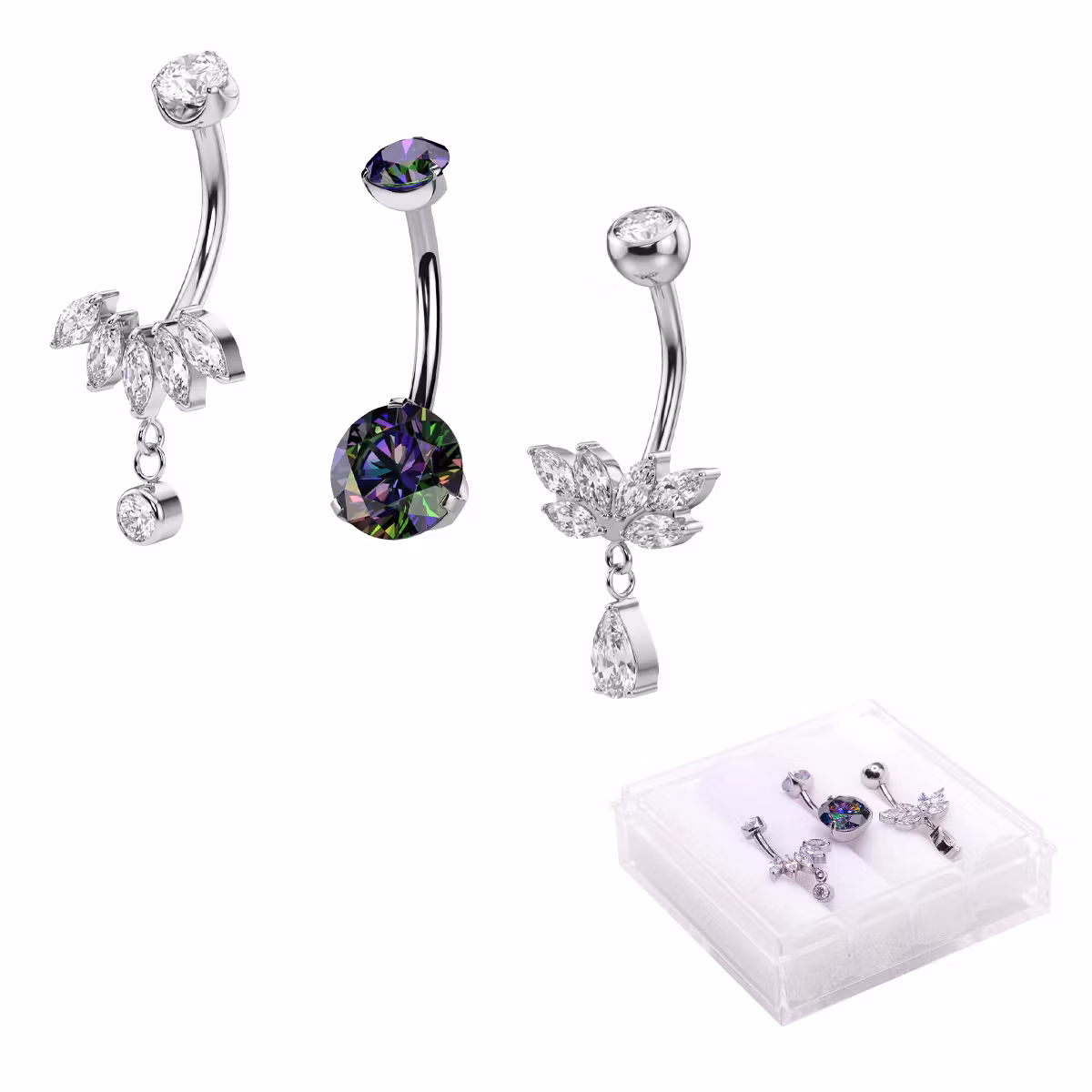 Navelpiercing 3-pack i titan – Shimmer Collection (8mm) + Förvaringsask