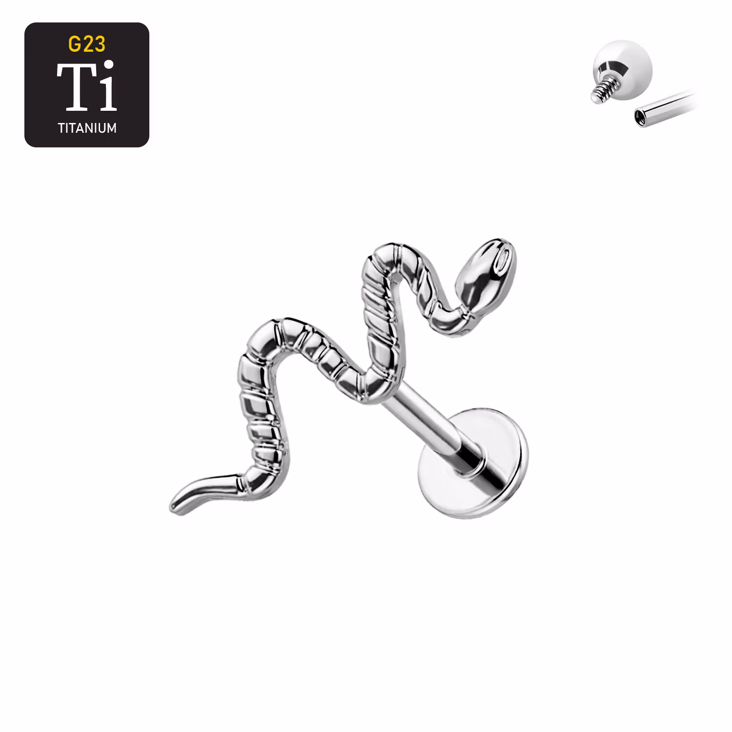 Titanium labret 1.2mm invändigt gängad - Topp med orm