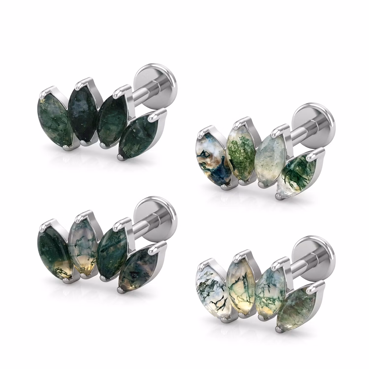 Titanium labret 1.2mm invändigt gängad - Topp med 4st Moss Agate