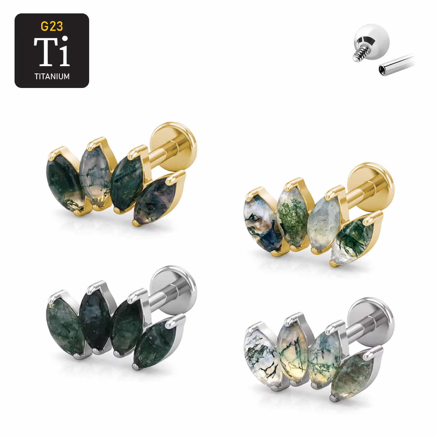 Titanium labret 1.2mm invändigt gängad - Topp med 4st Moss Agate